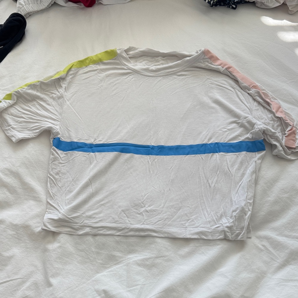Addison Bay White Tee with Blue, Pink, and Yellow Stripes